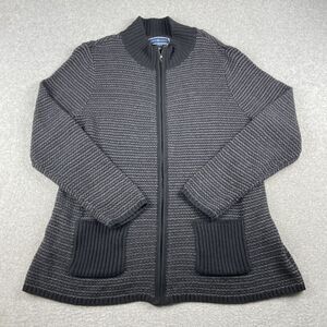 Karen Scott Sweater Womens Large‎ Black Gray Knit Full Zip Long Sleeve Pocket
